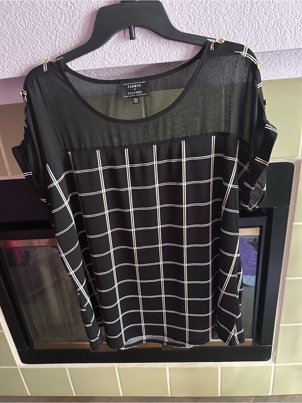 Flower + Feather Black Windowpane Mesh Yoke Blouse (2XL)